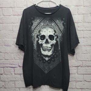 VTG Gothic Skull Bandana Paisley‎ Tshirt Sz 2XL Black Streetwear Y2K 100% Cotton